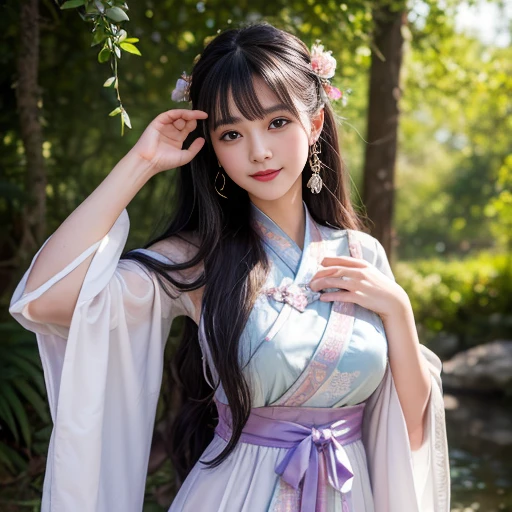 best quality, Delicate face,beautiful visual work, lifelike, eternity, black hair, Long curly hair, blunt bangs, Smile, Detailed Background, Delicate face,blush,cold,((masterpiece))、(top quality)、8k、high detail、Super detailed,21 years old female,身穿唐制Hanfu、waist skirt, Clothes are light and fluffy,Hanfu, wide sleeves, Transparent sleeves, Tunic, Clothes made of chiffon, masterpiece、born、Scenes resembling fairy tale illustrations、intricate details和複雜的設計、Beautifully、magic、capricious、 Beautifully、Dream aesthetics、「𝓡𝓸𝓶𝓪𝓷𝓽𝓲𝓬、ethereal、charming、fickle、magic」、realism、Visual effects、FXAA、SSAO、Shader、voiceless、ambient lighting、Tone mapping、High resolution、Ultra high quality、Million pixels、(8K resolution:1.10)、8k、8k以下、8K resolution、high detail、intricate details, (high quality:1.2、masterpiece:1.2、:1.21)、(21 years old female:1.21)、(興奮地Smile)、(被dream般的氛圍所包圍、Model diagram,full-body shot,Normal 2 feet,Put your hands behind you,The protrusion of the breast is visible when wearing clothes, Large Breasts, H cup chest, antiquity, Xian Xia, gauze clothes, Soft and fluttering, Fairy, dream, fantasy, light, Elegant, nature, Immortal, romantic, classical, ribbon, light purple clothes, In the woods, martial arts drama scene