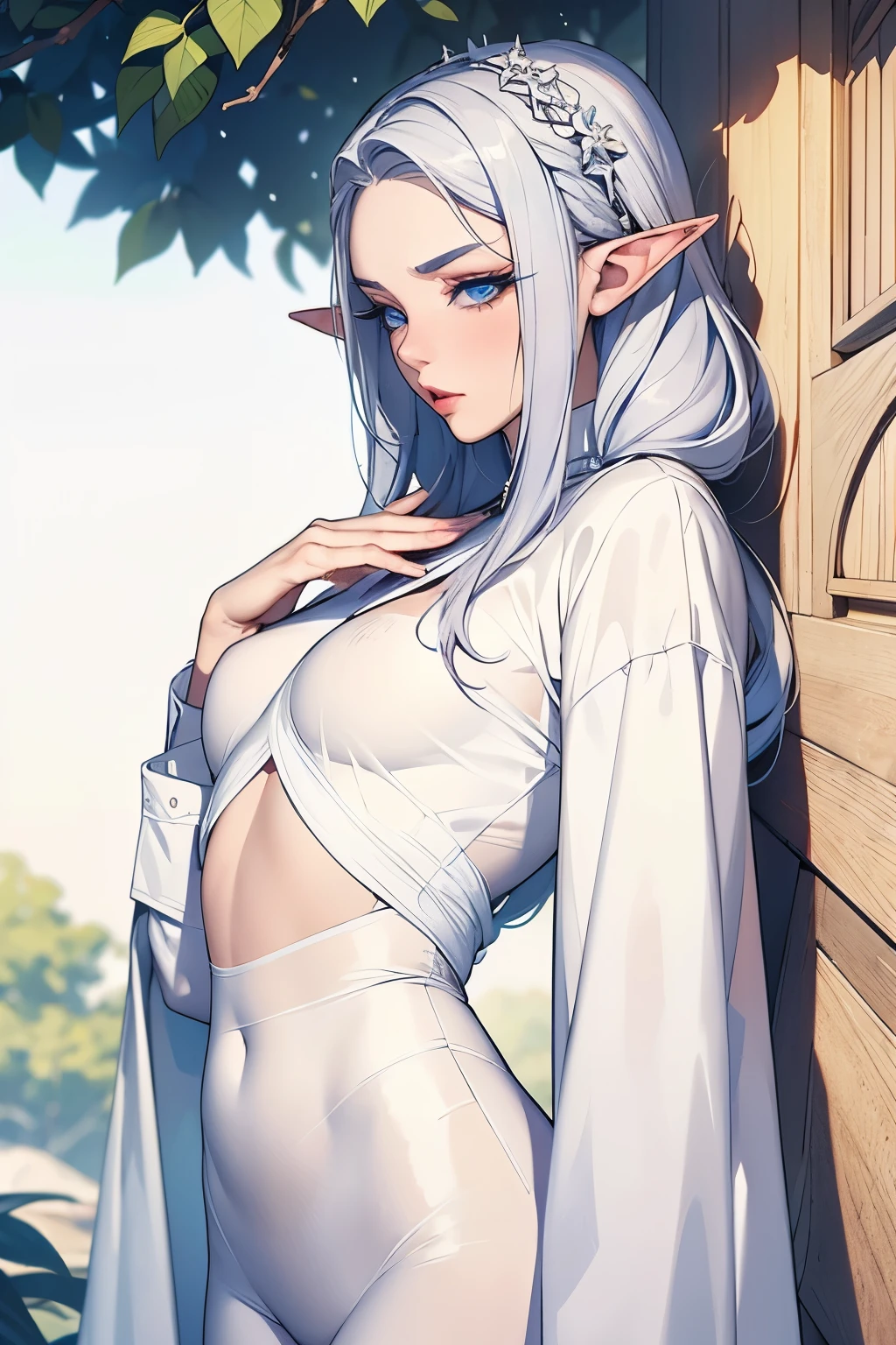 1girl, Elf, Full Body, silver hair, white color eyebrow, bold eyebrow:1.3, white color eyelash, pointy ears, blue eyes, red eye shadow, pale white skin, green clothes, clothes lift, solo, hair ornament, hairclip, long hair, shirt lift, braid, looking at viewer, lips, lifted by self, horse, upper body, navel, day,white shirt, small breast, front wood house, tree house