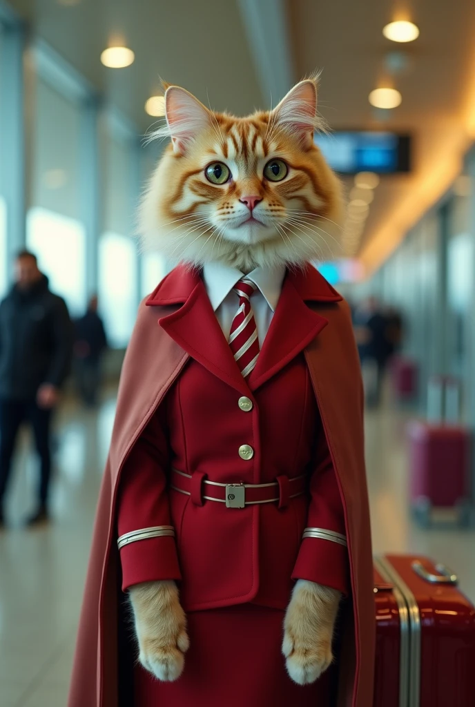 35mm lens，Multiple angles，漂亮的Cat，cute，Sexy，Personification，Back，side，silhouette，Overhead shot，Cat，Standing，doll，Airline stewardess，Trolley case，，AIRPORT，Airline stewardess， cloak,Ruan Jia,，Work clothes，tie, (Delicate face), (Fine fluffy fur)，（35mm Cinema Lens），（Multi-angle shooting），（many viewing angles）