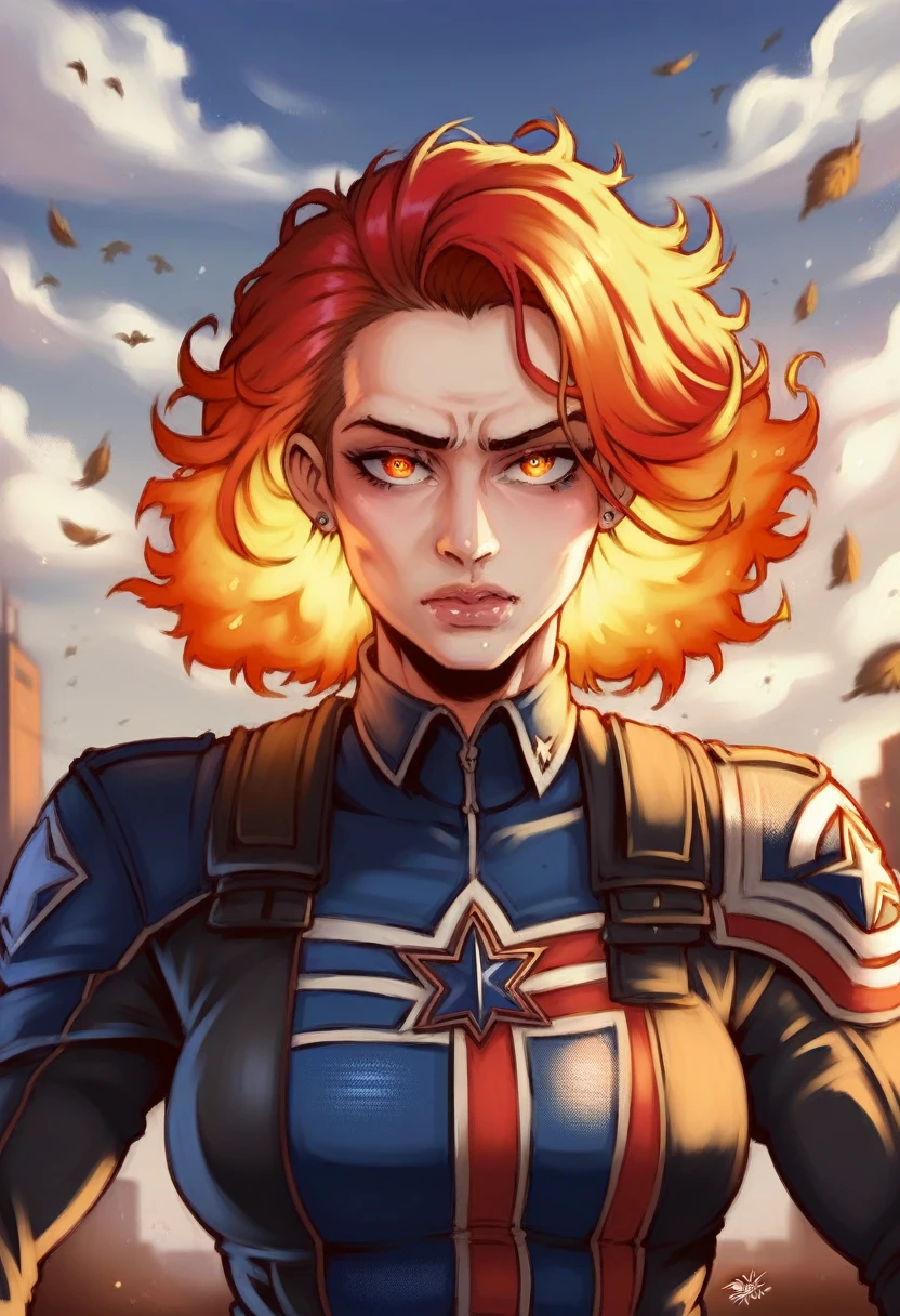 a muscular captain america in black suit, extremely detailed face with piercing red flaming eyes, detailed hair, eagles on both shoulders, 8k, hdr, ultra-detailed, photorealistic, masterpiece, cinematic lighting, hyper realistic, dramatic shadows, dramatic colors