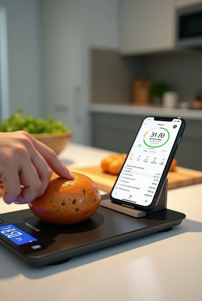 A person weighing food with a scale and the nutritional information is sent to their cell phone, but only his hand can be seen, the cell phone and the scale