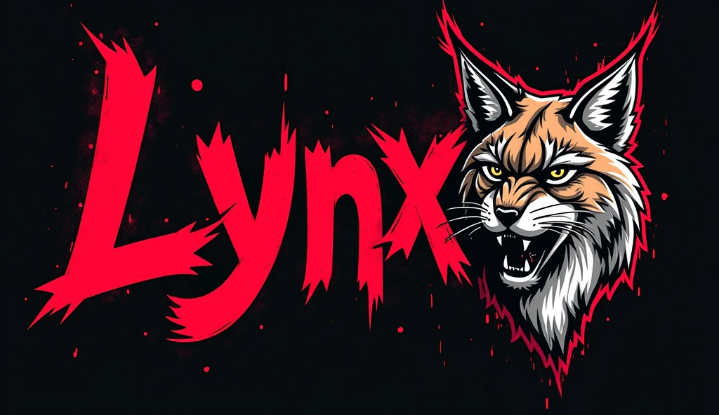 a phrase written lynx in graffiti letters in the middle of the screen with the colors black and red for a team logo with a lynx animal next to the phrase female 