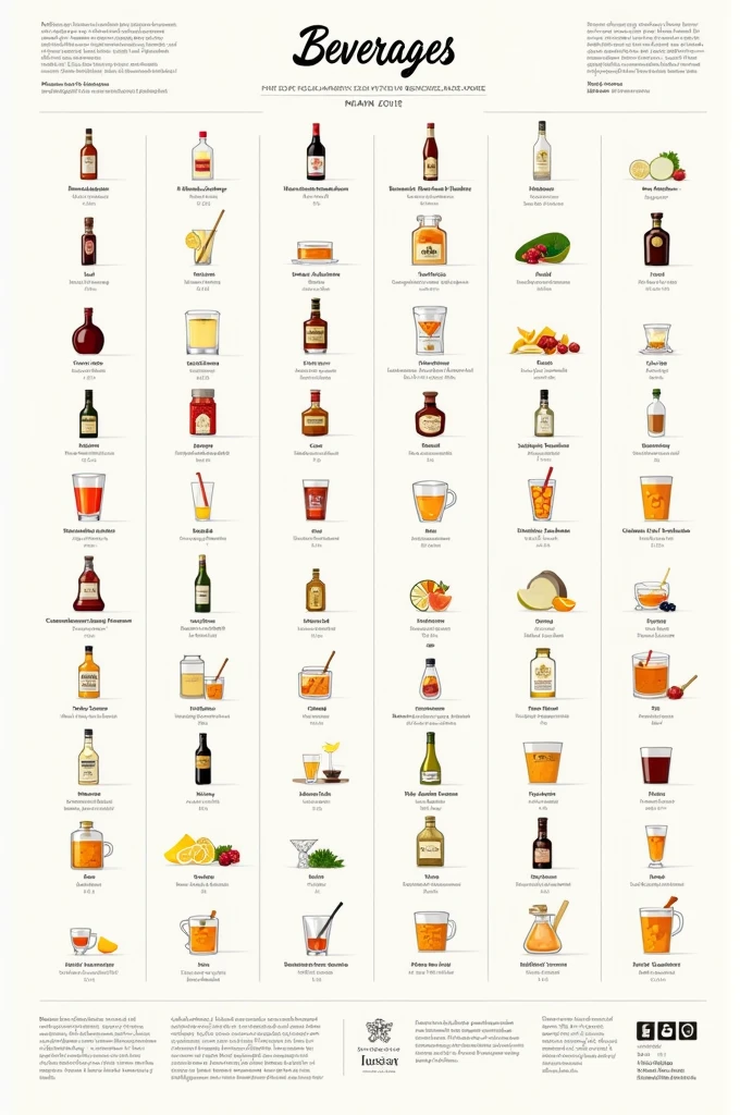 Beverage Categories:

Ensure that the following categories an

1. Basic Beverages:

Cognac and/or brandies

Whisky: Scotch, Canadian, Irish, Am

Vodka

Rum (white or dark)

Gin

2. Vermouth:

White-dry, white-sweet, rose

3. Fortified Wines:

d) Sherry, port wine

4. Aperitif Bitters:

Fernet-Branca, Campari

5. Flavouring Bitters:

Angostura, orange, and peach bitte

6. Anise-flavoured Spirits:

Pernod, Ricard, Ouzo

7. Fruit-flavoured Brandies/Spirits

8. Liqueurs

9. Champagne and Sparkling Wine

10. Wines

11. Beers

12. Non-alcoholic Beverages and Syrups
