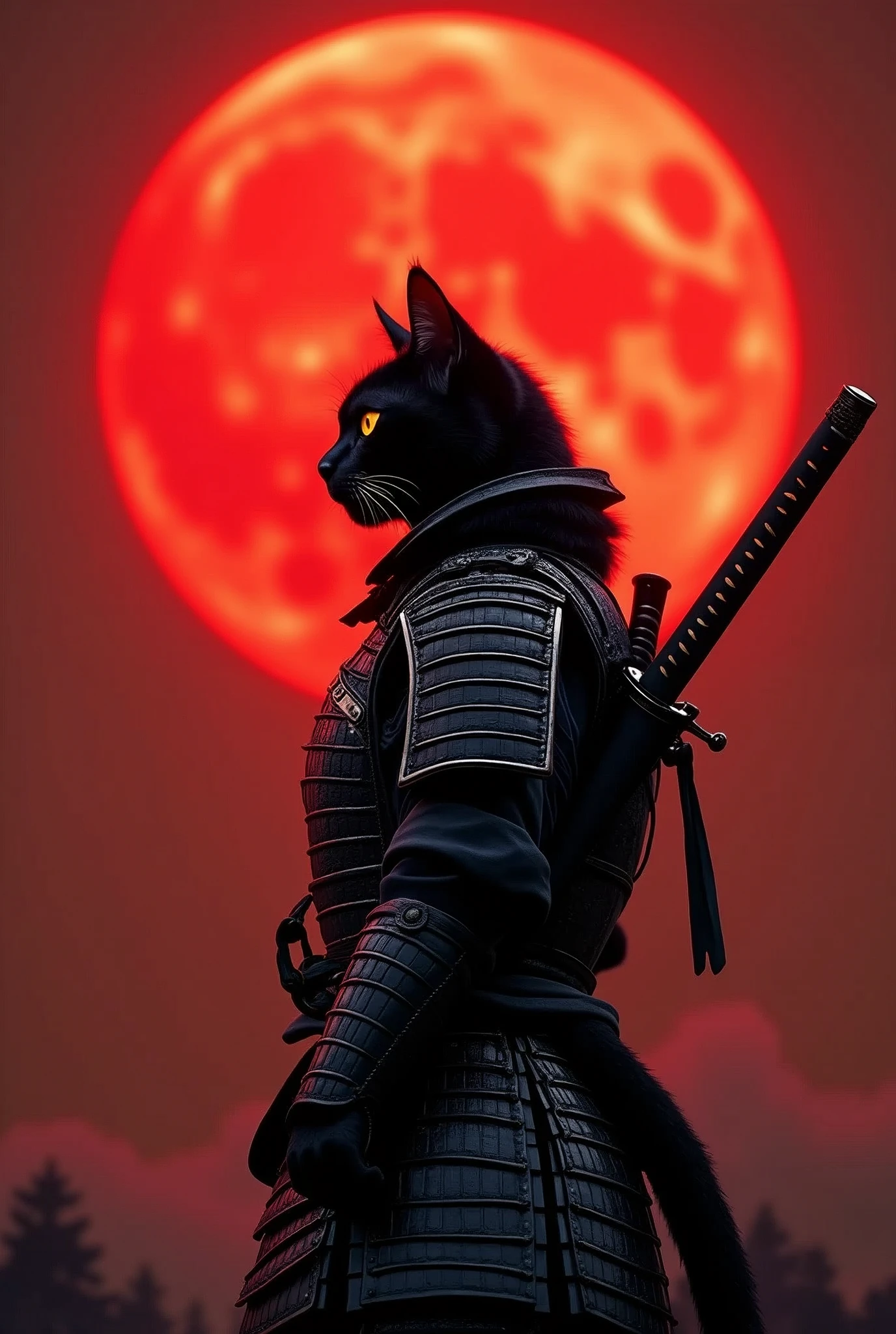 The image features a humanoid black cat with orange cat eyes in a black and red samurai warrior's attire, standing against a backdrop of a large red moon the sky is glowing a dark red glow from the reflection of the moon light. The cat is positioned to the left side of the frame, facing right with its head slightly tilted upwards. It is wearing a detailed armor that resembles traditional samurai armor, complete with intricate designs and patterns. The armor is primarily black with silver accents, adding to the visual depth. The cat's ears are perked up, and its eyes are focused on something in the distance. A sword is sheathed on the cat's back, suggesting readiness for battle or a ceremonial stance. The red moon in the background casts an orange hue over the scene, creating a dramatic and intense atmosphere, retina, accurate, masterpiece, super detail, high details, best quality, award winning, highres, HD, 4K, 8k, 16k, retina, accurate, masterpiece, anatomically correct, textured skin, super detail, high quality, award winning, highres, 8k, 16k