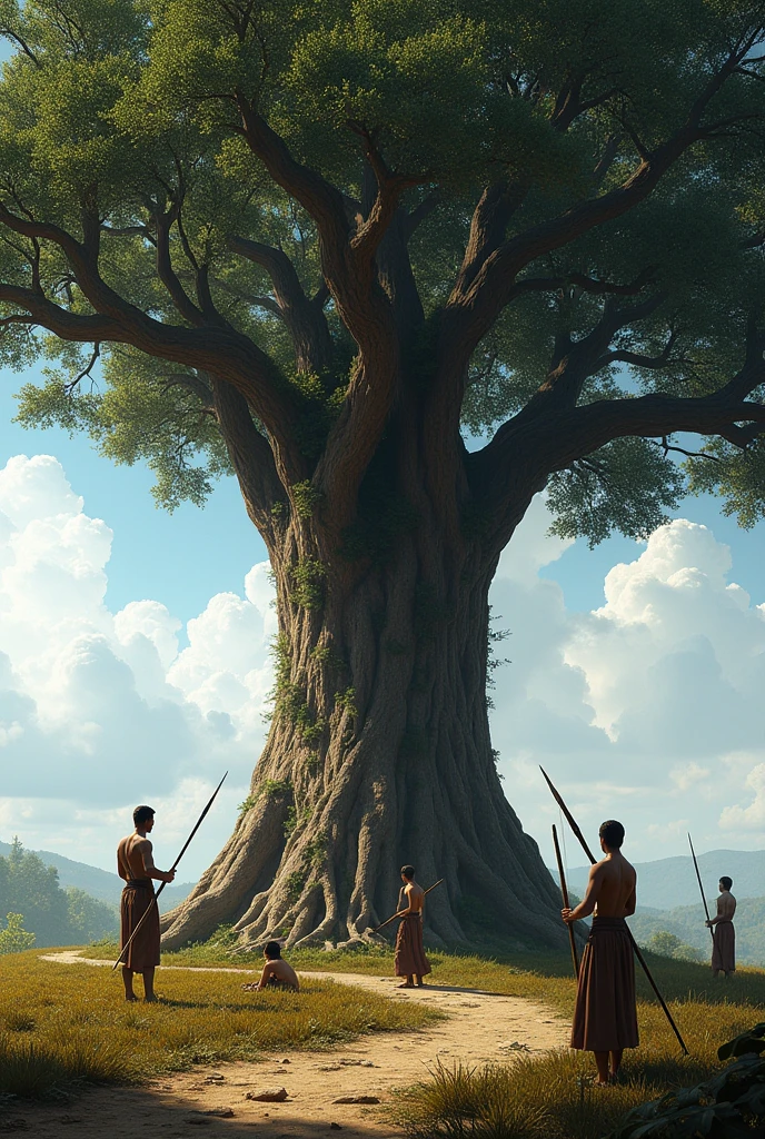 Huge araucaria tree with shade with men with spears fighting and one sitting on a realistic lathe
