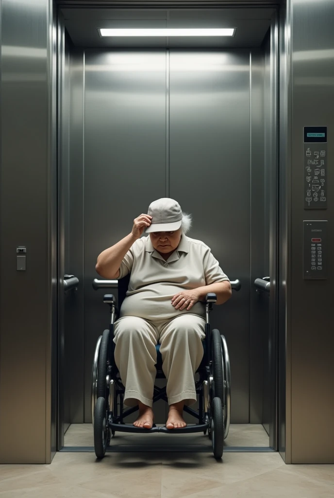 A fat old lady on a wheelchair is entering in elevator door silver . also show the elevator control button. putting a cap on her head, her face inward to the elevator. 
 ((Masterpiece, top quality, high resolution, highly detailed CG unified 8K wallpaper)),