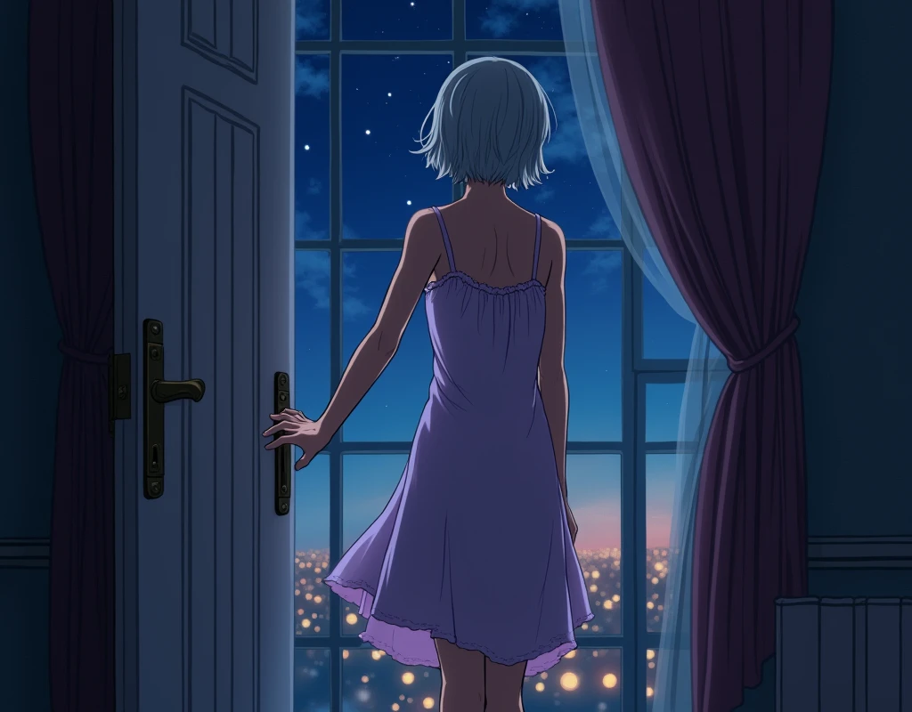 The scene where a house elder women turns her back and lock the door. Her back view of her wearing a nighty in the room. nighty with short slaves and open neck relax dress. The curtain should be closed the windows in the room and darkness should be depicted inside the night. The background should be bright and colorful, dynamic, anime art.
