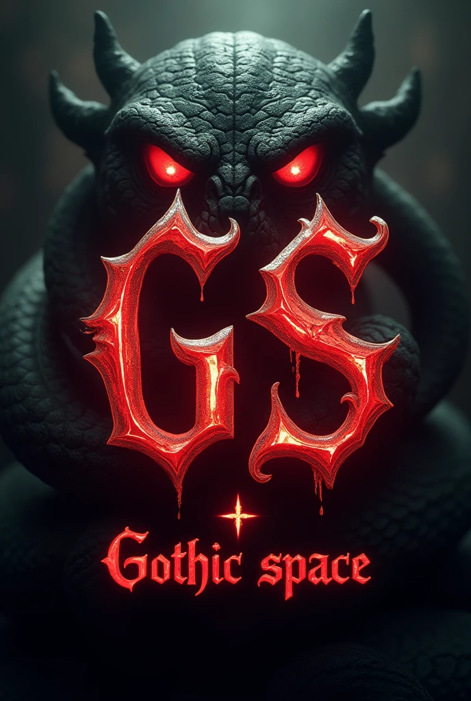 Create a 700 x 700 gif with the Gothic letters GS with a slight glow like flashing red and eyes behind the letters like those of a snake with a separation line below the letters and below the line put a text that says Gothic space