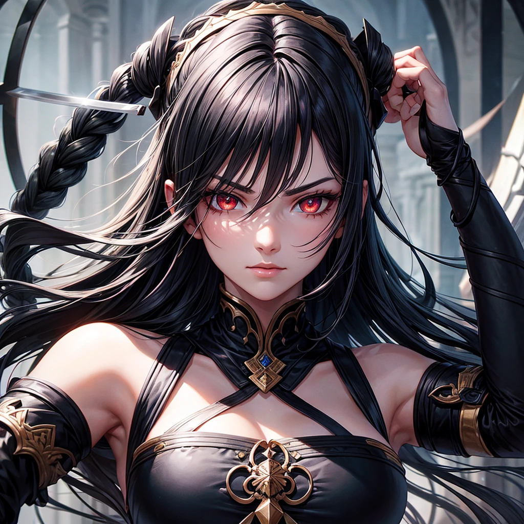 half body shot of woman, 1face, portrait, immortal, immortal cultivators, beautiful gray black hair, sword eyebrows, crimson eyes, swords holding