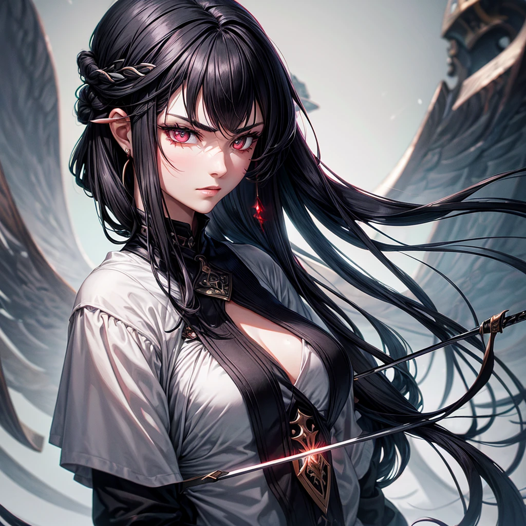 half body shot of woman, 1face, portrait, immortal, immortal cultivators, beautiful gray black hair, sword eyebrows, crimson eyes, swords holding