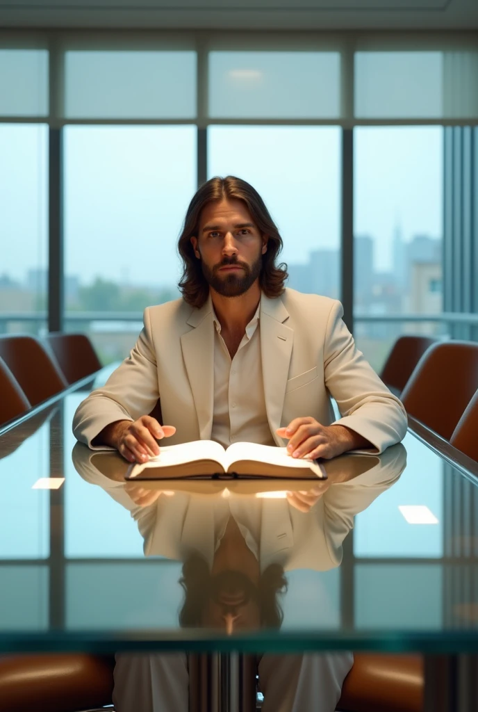 The image captures a unique scene where Jesus Christ, wearing an impeccable white suit, is sitting at the head of a conference table in a modern corporate environment. His suit contrasts with his sacred aura, uniting the divine with the mundane in a harmonious way. On the glass table, In front of him, an open Bible rests, radiating a subtle glow that symbolizes the light of wisdom and truth. The room is spacious and elegantly decorated, with leather chairs around the table and minimalist design touches, conveying a sense of order and professionalism.
Large windows allow natural light to flood the space, enveloping the figure of Jesus in a soft luminosity, almost heavenly. The background suggests a distant urban view, reinforcing the fusion of the spiritual with the everyday. Jesus' expression is serene and deeply reflective., as if about to share words of guidance and peace, addressing a council of attentive leaders or followers. The scene as a whole exudes an atmosphere of calm, moral authority and spiritual contemplation, highlighting Jesus as a guide in all spheres of life, including in the modern business world He is staring straight at the viewer of the image.