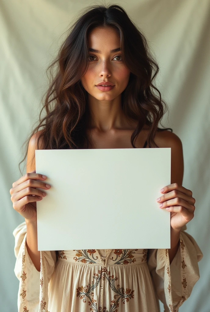 Beautiful girl with wavy long hair, bohemian dress, holding a white board with text "I Love Seaart Infinity" and showing it to the viewer