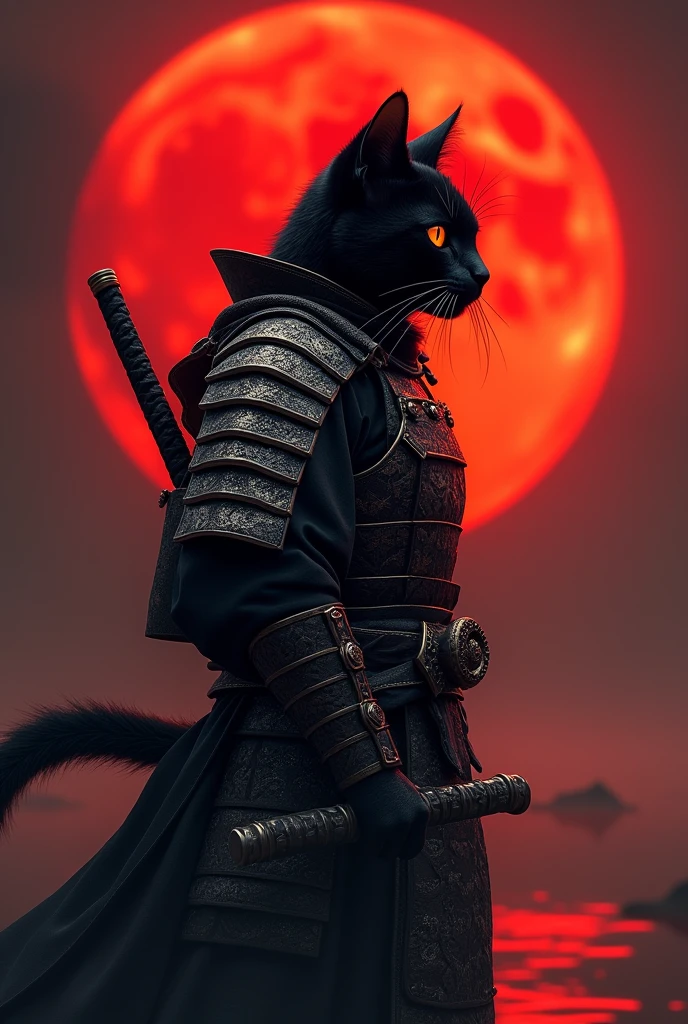 The image features a humanoid black cat with orange cat eyes in a black and red samurai warrior's attire, standing against a backdrop of a large red moon the sky is glowing a dark red glow from the reflection of the moon light. The cat is positioned to the left side of the frame, facing right with its head slightly tilted upwards. It is wearing a detailed armor that resembles traditional samurai armor, complete with intricate designs and patterns. The armor is primarily black with silver accents, adding to the visual depth. The cat's ears are perked up, and its eyes are focused on something in the distance. A sword is sheathed on the cat's back, suggesting readiness for battle or a ceremonial stance. The red moon in the background casts an orange hue over the scene, creating a dramatic and intense atmosphere, retina, accurate, masterpiece, super detail, high details, best quality, award winning, highres, HD, 4K, 8k, 16k, retina, accurate, masterpiece, anatomically correct, textured skin, super detail, high quality, award winning, highres, 8k, 16k
