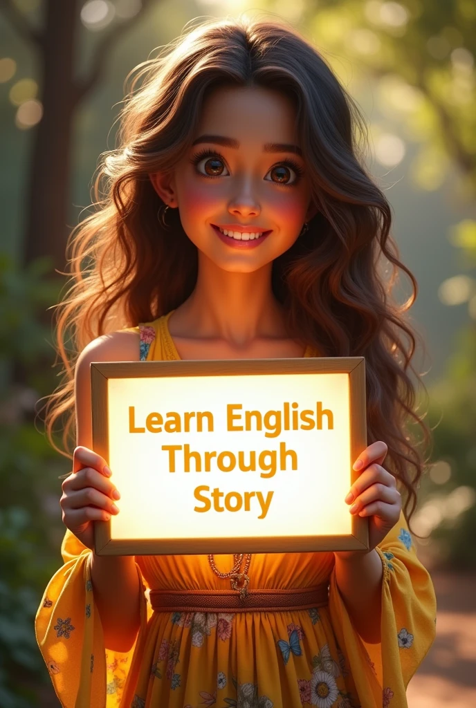 Beautiful girl with heart-warming smile and wavy long hair, bohemian dress, holding a white board with text "learn English Through Story" and showing it to the viewer, the board is glowing with a the text.