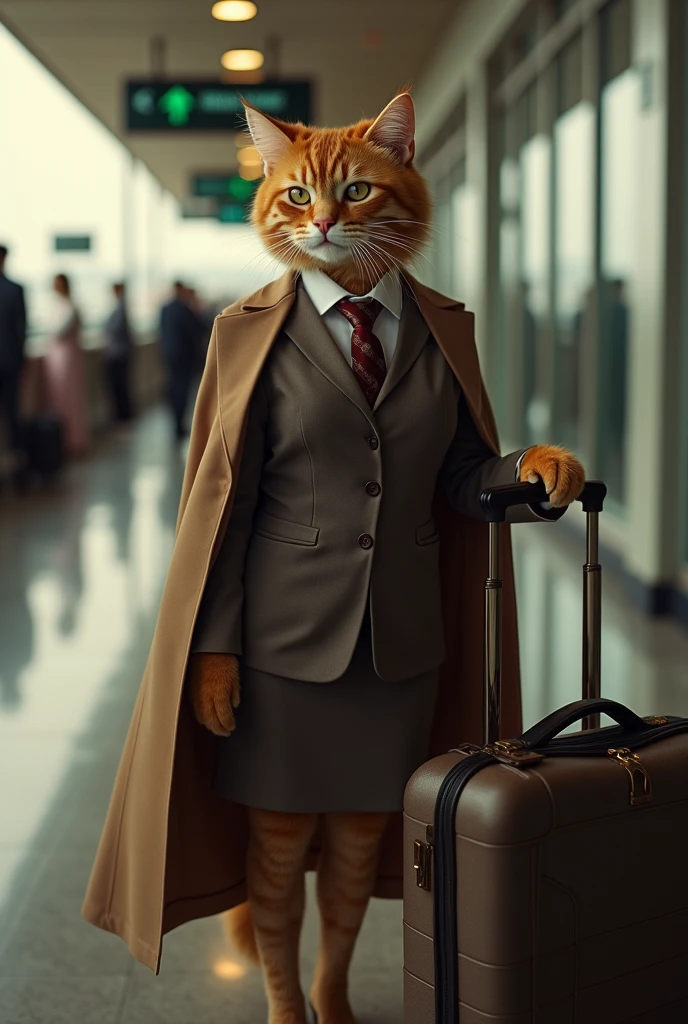 35mm lens,Multiple angles,full-body shot,漂亮的Cat,cute,Sexy,Personification,Back,side,silhouette,Overhead shot,Cat,Standing,doll,Airline stewardess,Trolley case,,AIRPORT,Airline stewardess, cloak,Ruan Jia,,Work clothes,tie, full-body shot,(Delicate face), (Fine fluffy fur),(35mm Cinema Lens),(Multi-angle shooting),(many viewing angles)