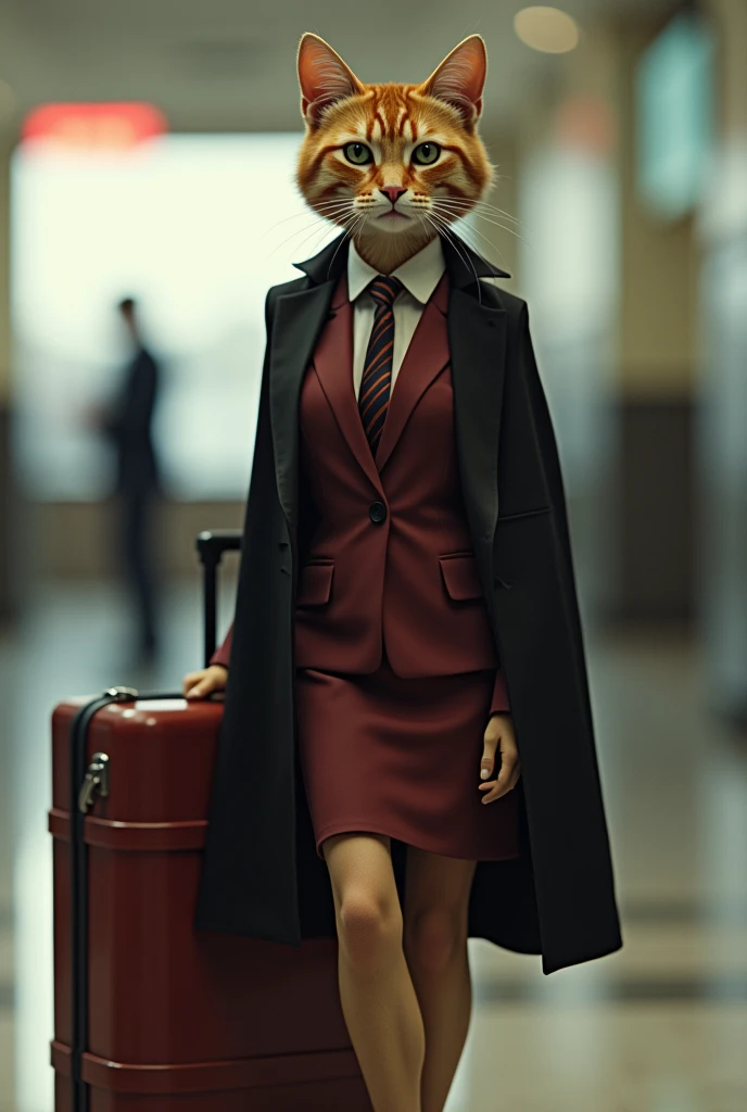 35mm lens，Multiple angles，full-body shot，漂亮的Cat，cute，Sexy，Personification，Back，side，silhouette，Overhead shot，Cat，Standing，doll，Airline stewardess，Trolley case，，AIRPORT，Airline stewardess， cloak,Ruan Jia,，Work clothes，tie, full-body shot，(Delicate face), (Fine fluffy fur)，（35mm Cinema Lens），（Multi-angle shooting），（many viewing angles）