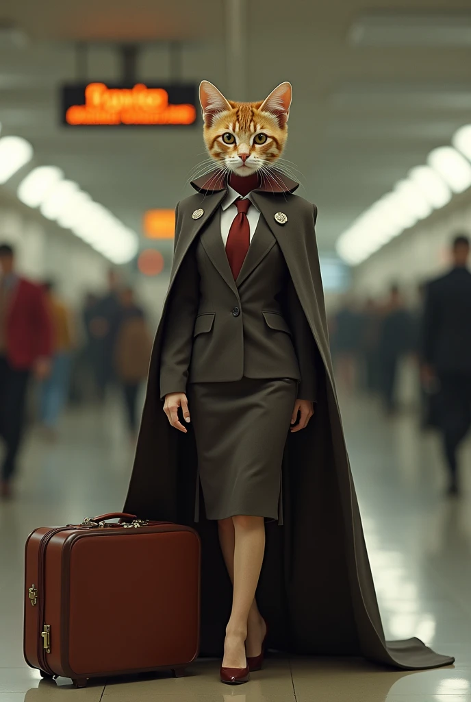 35mm lens,Multiple angles,full-body shot,漂亮的Cat,cute,Sexy,Personification,Back,side,silhouette,Overhead shot,Cat,Standing,doll,Airline stewardess,Trolley case,,AIRPORT,Airline stewardess, cloak,Ruan Jia,,Work clothes,tie, full-body shot,(Delicate face), (Fine fluffy fur),(35mm Cinema Lens),(Multi-angle shooting),(many viewing angles)