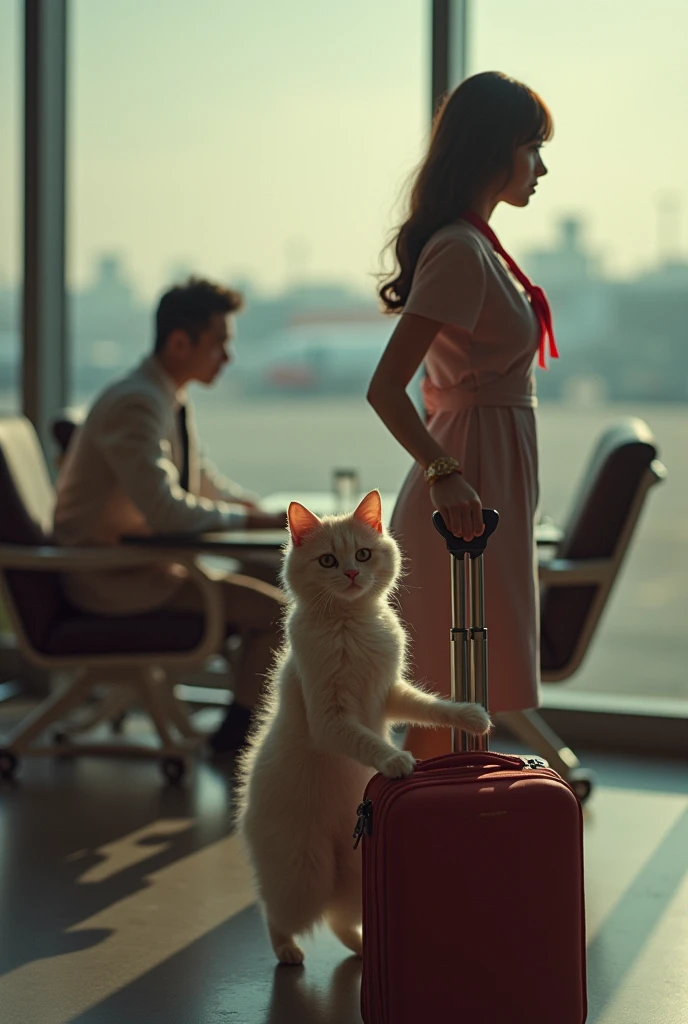 35mm lens,Multiple angles,漂亮的Cat,cute,Sexy,Personification,Back,side,silhouette,Overhead shot,Cat,Standing,doll,Airline stewardess,Trolley case,,AIRPORT,Airline stewardess, cloak,Ruan Jia,,Work clothes,tie, (Delicate face), (Fine fluffy fur),(35mm Cinema Lens),(Multi-angle shooting),(many viewing angles)