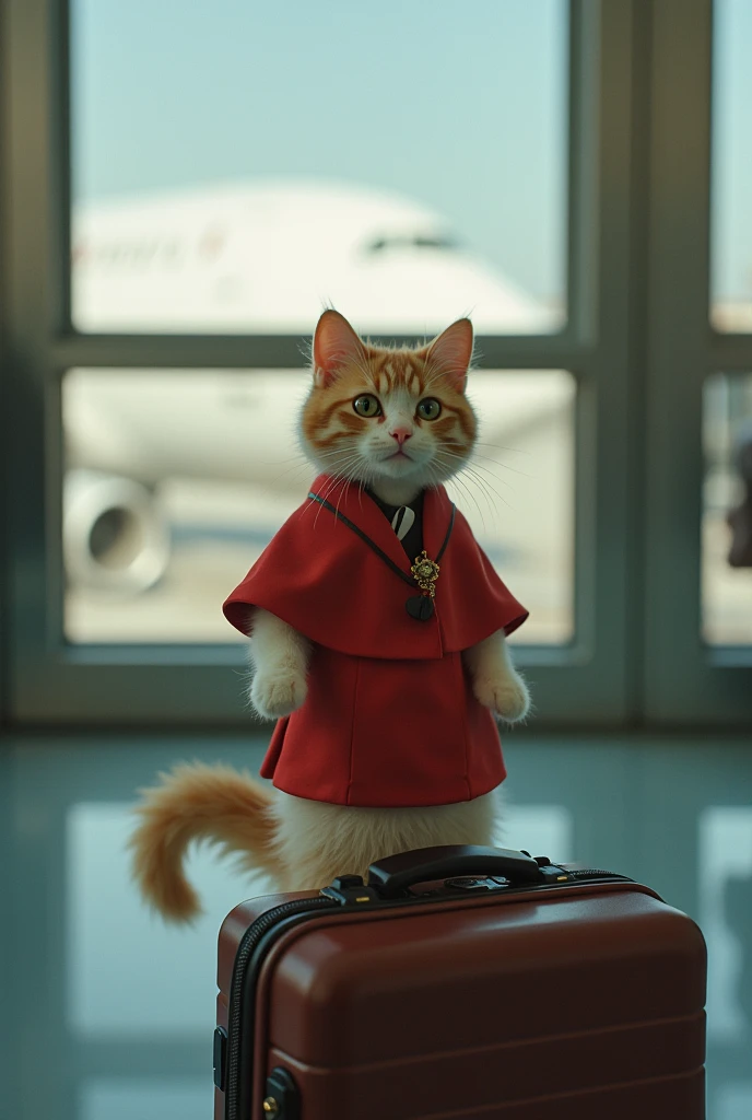 35mm lens，Multiple angles，漂亮的Cat，cute，Sexy，Personification，Back，side，silhouette，Overhead shot，Cat，Standing，doll，Airline stewardess，Trolley case，，AIRPORT，Airline stewardess， cloak,Ruan Jia,，Work clothes，tie, (Delicate face), (Fine fluffy fur)，（35mm Cinema Lens），（Multi-angle shooting），（many viewing angles）