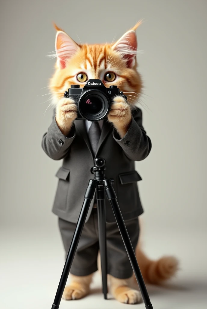 Cute cat cat，Personification，Standing，Hold the camera，tripod，Photographer，Photo gesture，,Suit,tie, (Delicate face), (Fine fluffy fur)，（35mm Cinema Lens），（Multi-angle shooting），（many viewing angles）