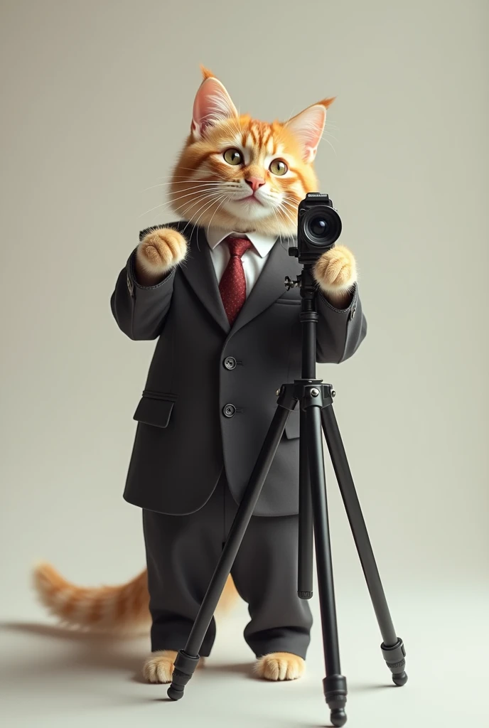 Cute cat cat,Personification,Standing,Hold the camera,tripod,Photographer,Photo gesture,,Suit,tie, (Delicate face), (Fine fluffy fur),(35mm Cinema Lens),(Multi-angle shooting),(many viewing angles)