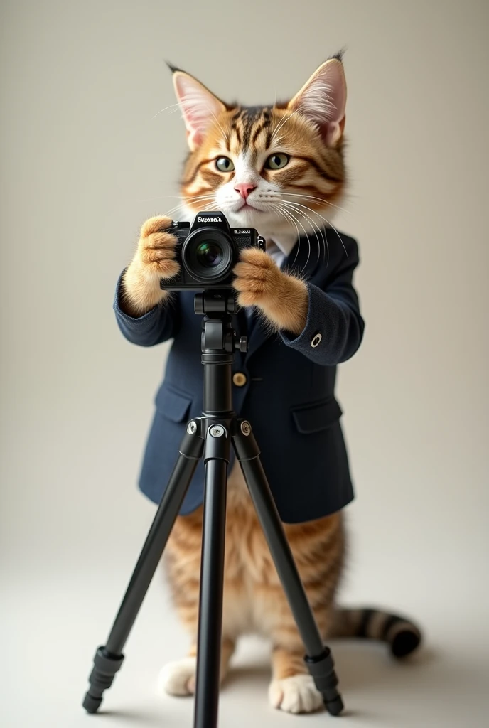 Cute cat cat,Personification,Standing,Hold the camera,tripod,Photographer,Photo gesture,,Suit,tie, (Delicate face), (Fine fluffy fur),(35mm Cinema Lens),(Multi-angle shooting),(many viewing angles)