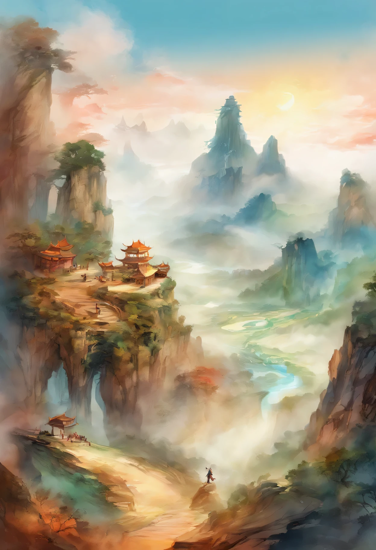 Blockade has no desert、Chinese landscape painting,ink and watercolor painting,water ink,ink,Soil,Vision,Ultra-wide viewing angle,