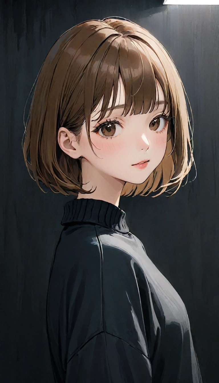 (((Face close-up)))、(((brown, Shoulder length, Straight Short Bob)))、(((She is posing like a model at the beauty salon.., Indoors, Against the black wall.)))、(((Casual black winter long sleeves covering the shoulders)))、Half Japan, Half Korean、18-year-old girl、Independent、I'looking forward to it、Light eye makeup、brown Hair Color、flat 、Hair blowing in the wind、quality、Shiny, Ultra-realistic faces、smile、Watery eye、look up、Subtle lighting effects、 Ultra-Realistic Capture、Very detailed、High resolution 16K human skin closeup。肌quality感は自然でなければならない、The detail must be such that the pores are clearly visible..、skin is healthy、Even Tone、Use natural light and colour、worn out, モデルエージェンシーが撮影した高qualityの写真'In-house photographer.、smile、(((Sigma 300mm F/1.4,1/1000 sec shutter,ISO400)))