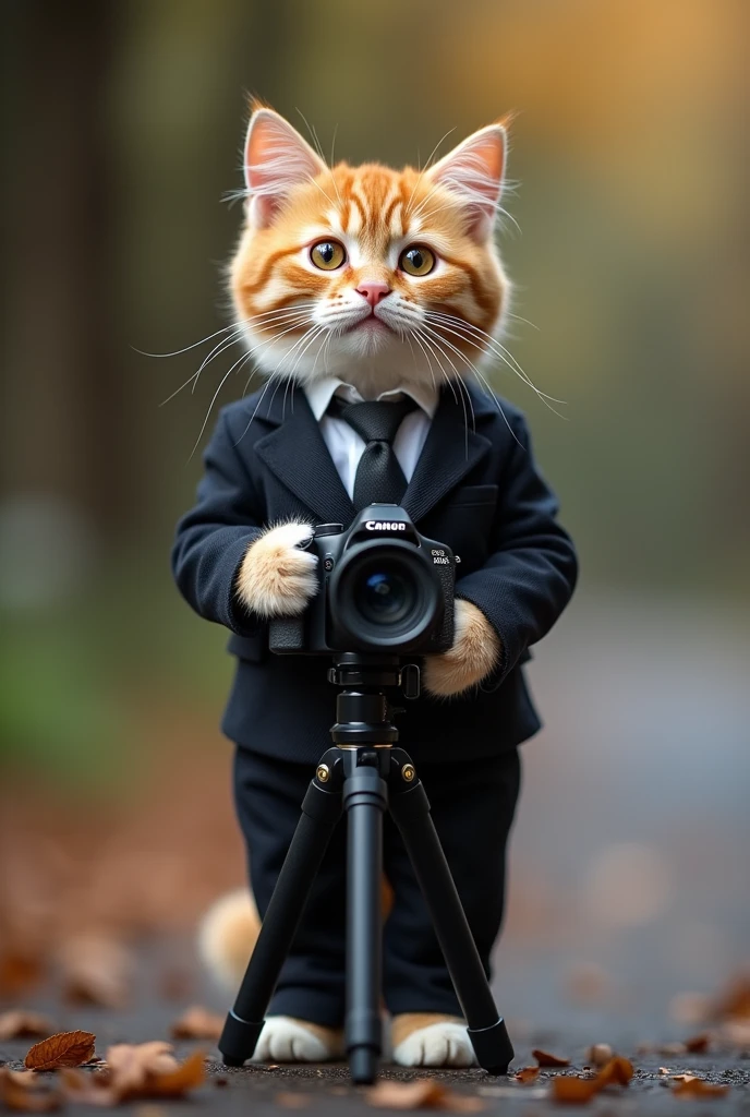 Cute cat cat,Personification,Standing,Hold the camera,tripod,Photographer,Photo gesture,,Suit,tie, (Delicate face), (Fine fluffy fur),(35mm Cinema Lens),(Multi-angle shooting),(many viewing angles)