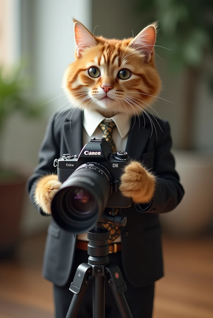 Cute cat cat,Personification,Standing,Hold the camera,tripod,Photographer,Photo gesture,,Suit,tie, (Delicate face), (Fine fluffy fur),(35mm Cinema Lens),(Multi-angle shooting),(many viewing angles)
