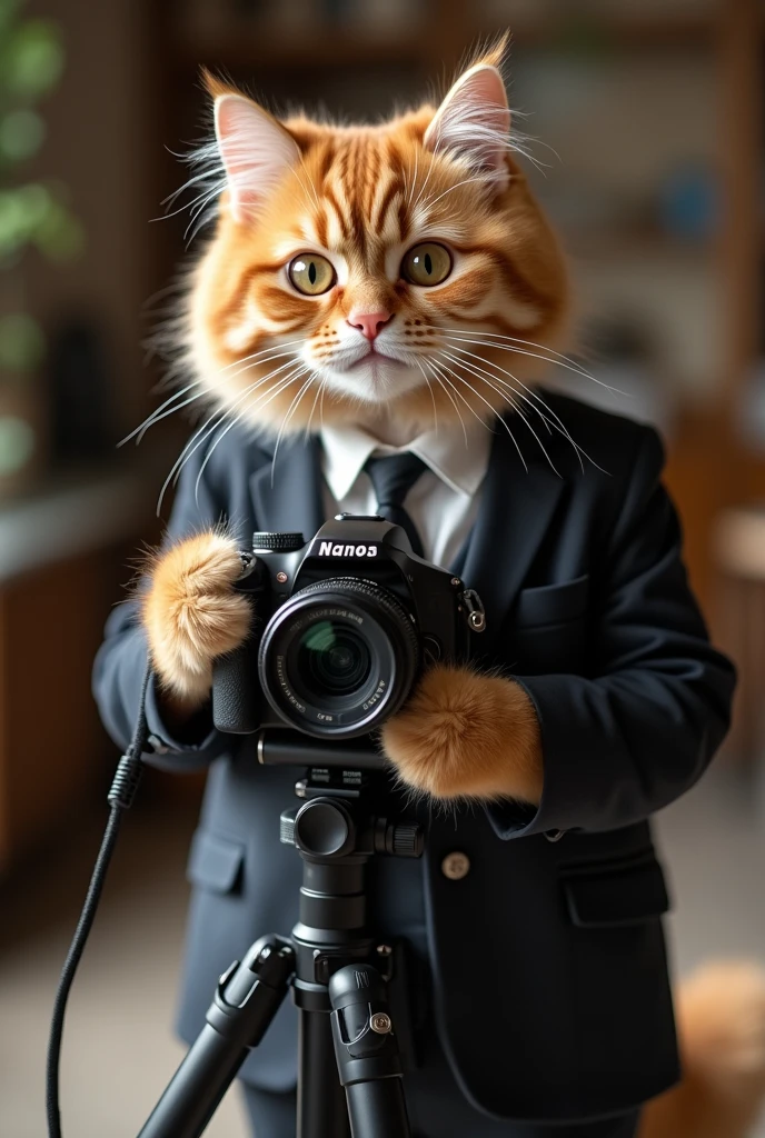 Cute cat cat，Personification，Standing，Hold the camera，tripod，Photographer，Photo gesture，,Suit,tie, (Delicate face), (Fine fluffy fur)，（35mm Cinema Lens），（Multi-angle shooting），（many viewing angles）