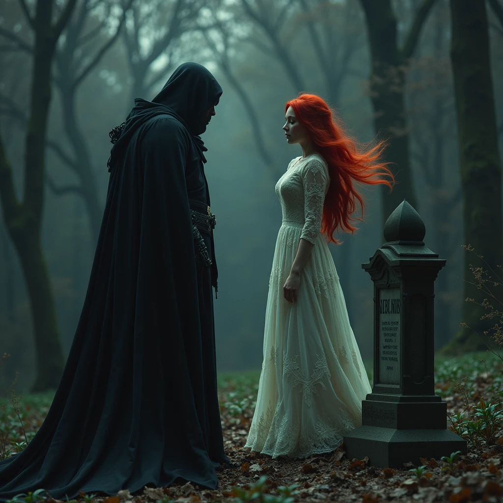 A Gothic man mourns his beloved at her grave, next to the ghost of a red-haired girl