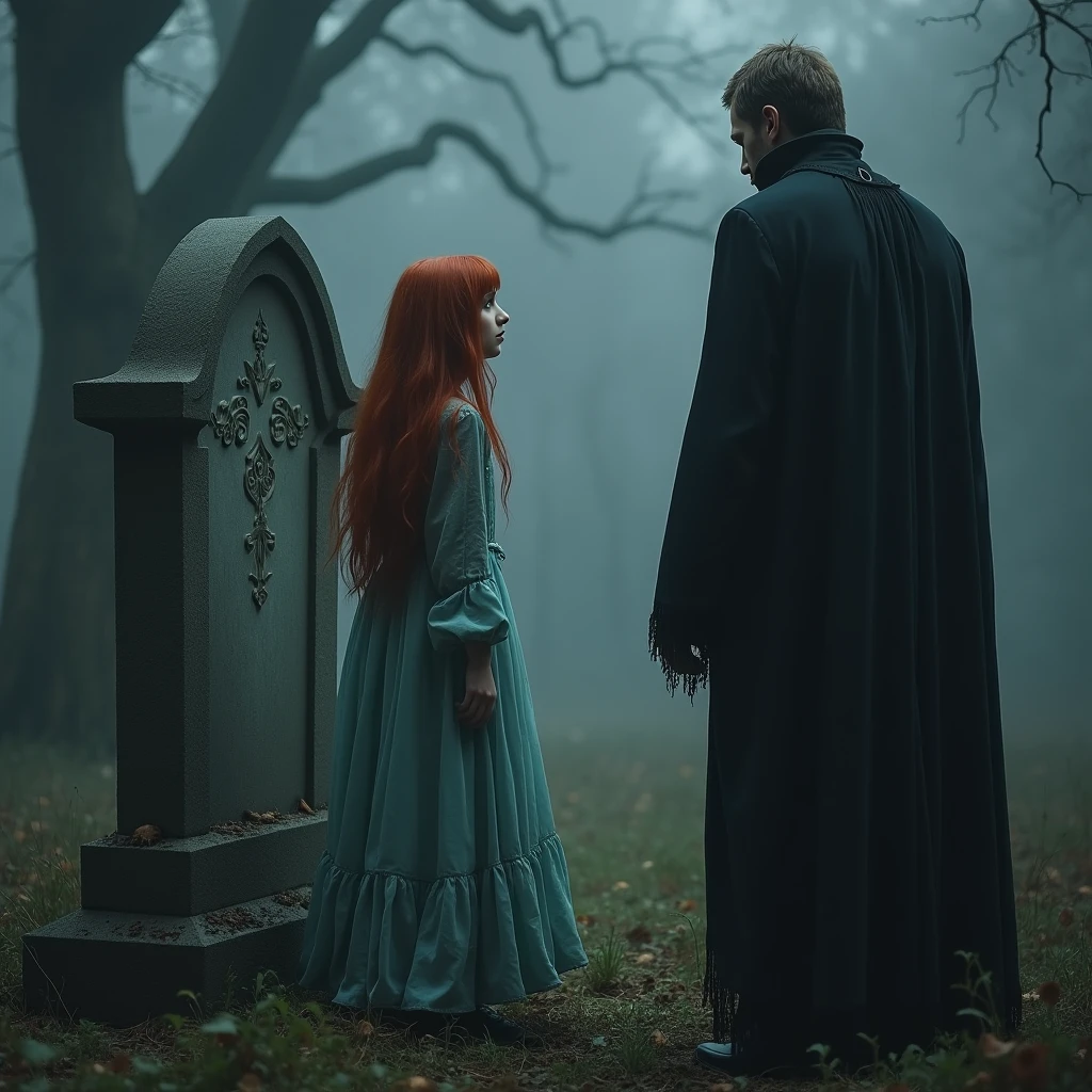 A Gothic man mourns his beloved at her grave, next to the ghost of a red-haired girl