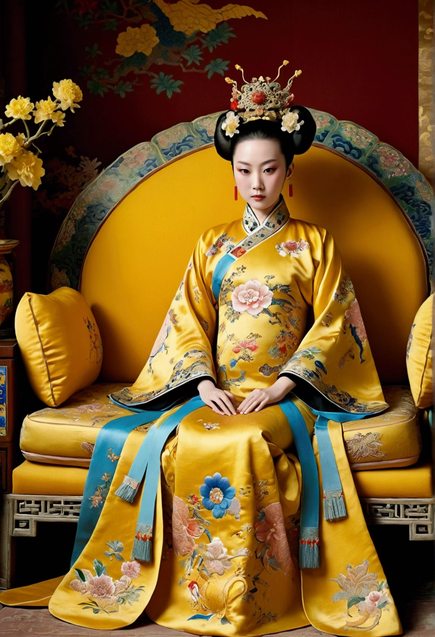 A gorgeous empress from the Chinese imperial court during the Qing Dynasty. She sits naked on a large yellow dragon embroidered sofa with her legs spread apart, her hair in double ponytails, wearing a gorgeous Chinese empress crown and a flower hairpin, and her hair is tied up and pulled up.