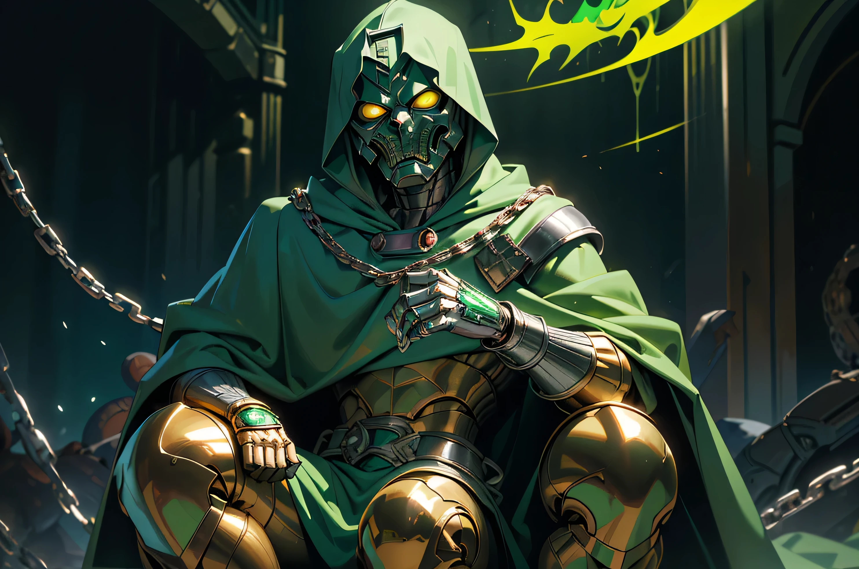 (masterpiece:1.2, best quality:1.2), ((masterpiece)), (((best quality))), ((ultra-detailed)), ((illustration)), (1man, male, solo), ((doctor doom, silver metal mask, green hood, cloak, chains, yellow glowing eyes)), silver metal mask, white markings, full gray suit, broad shoulders, chaos, sitting on throne, ((hell, underworld)), fisheye lens