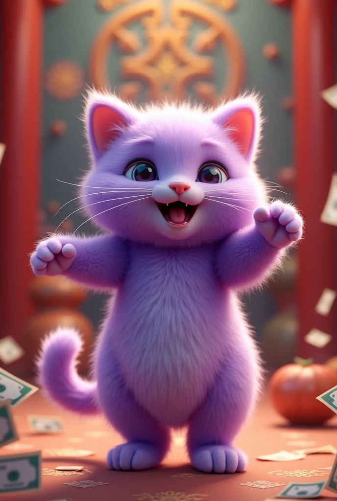 The talkative purple cat is happy and dancing. Talking will make you rich. It understands emotional communication. Background Chinese style. Money runs out when you open your mouth.