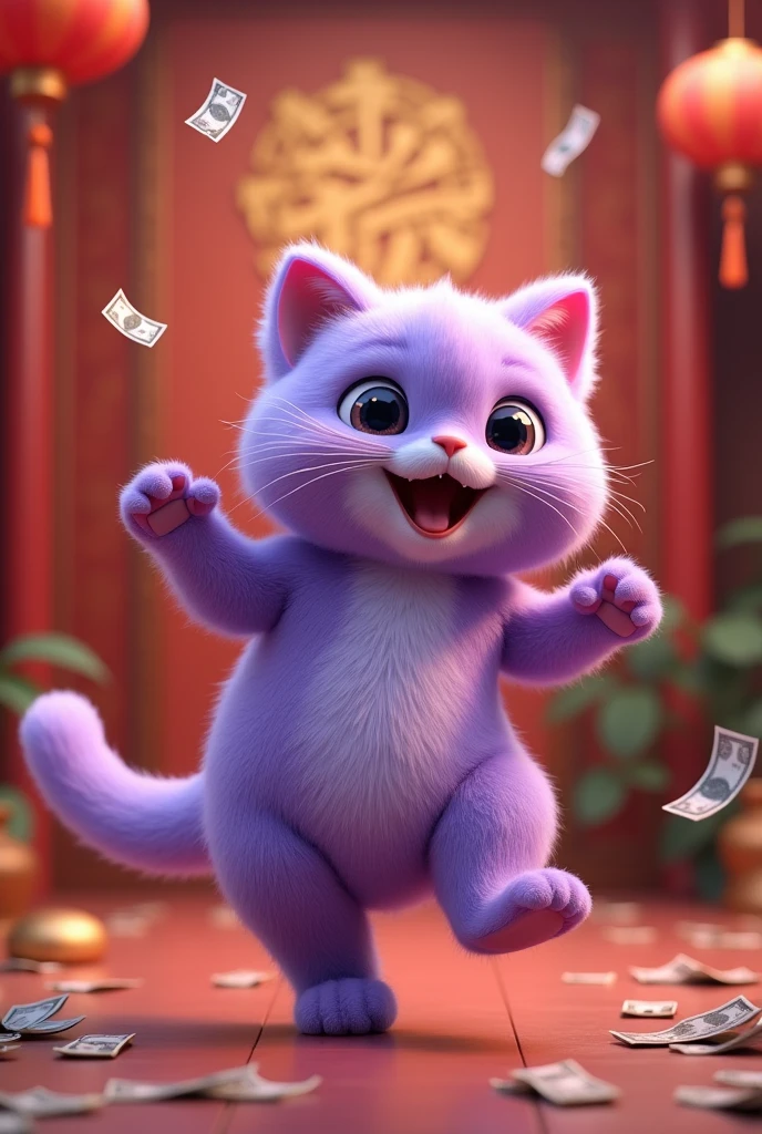 The talkative purple cat is happy and dancing. Talking will make you rich. It understands emotional communication. Background Chinese style. Money runs out when you open your mouth.