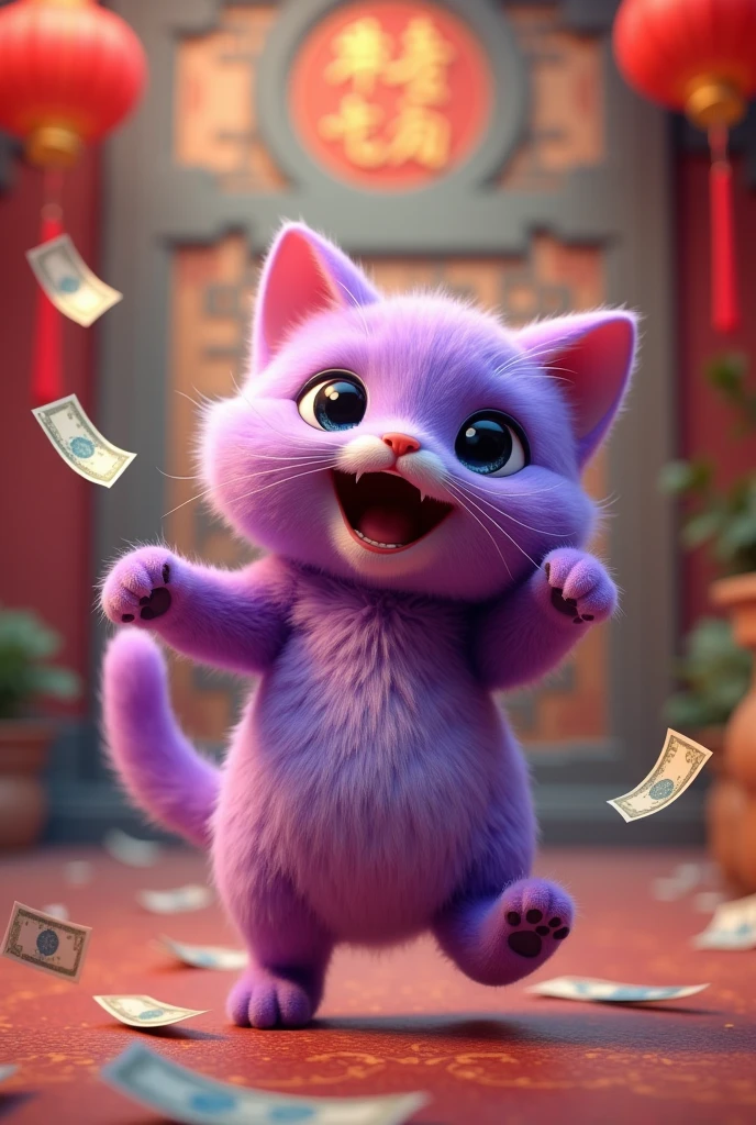 The talkative purple cat is happy and dancing. Talking will make you rich. It understands emotional communication. Background Chinese style. Money runs out when you open your mouth.