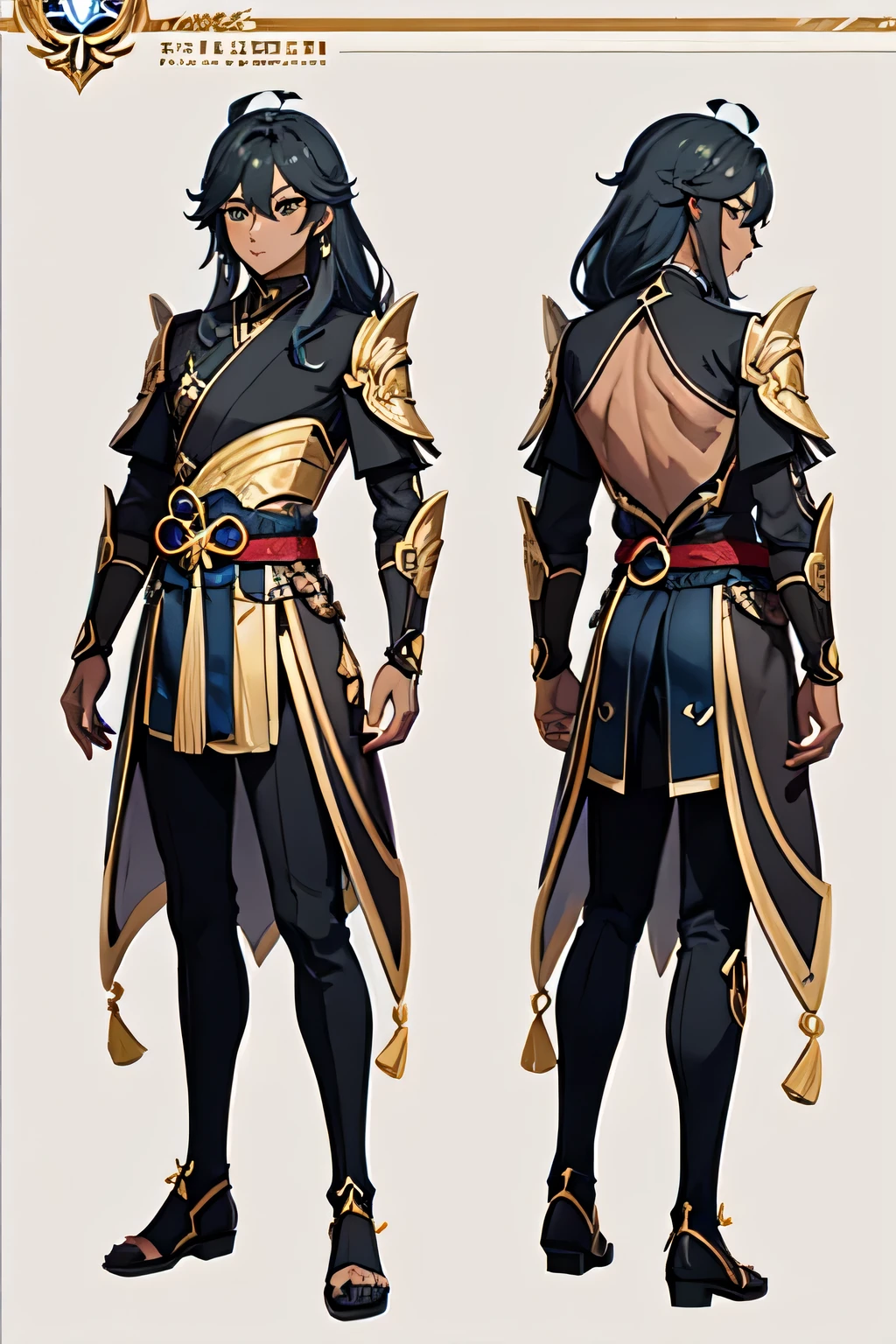 ((best quality)), ((masterpiece)), (detailed), boy man, Detailed face, genshin impact character design sheet，full body, Full of details, frontal body view, back body view, Highly detailed, Depth, Many parts, gray colored long hair man, dark skinned, black clothes with gold details, Genshin Impact, tall male
