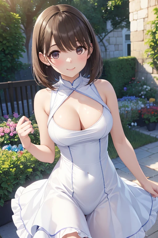 anegasaki nene、Shiny brown hair, short hair, (Beautiful brown eyes、Sparkling eyes, Fine grain)、smile、Ultra-detailed eyes、Very detailedな顔, Very detailedな目,
Highest quality、Very detailedな、Highest quality、High resolution、32K CG、Very delicate and beautiful、An illustration、High resolution、Sharp focus、Front lighting、Shine、Are standing、
One Girl、alone、smile、very beautiful and detailed anime face、Very detailedなゲーム CG キャラクターの目、
((masterpiece))、((Highest quality) ))、(Very detailedな)、((Very detailed))、4K、(8k)、Highest quality、((Genuine、3d、3d)))、
((1 girl in a tight sleeveless white mini dress、Beautiful breasts、inside a manor、garden))