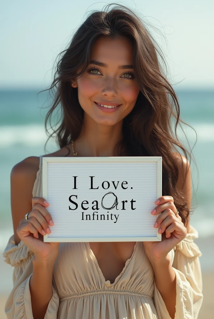 Beautiful girl with wavy long hair, bohemian dress, holding a white board with text "I Love Seaart Infinity" and showing it to the viewer