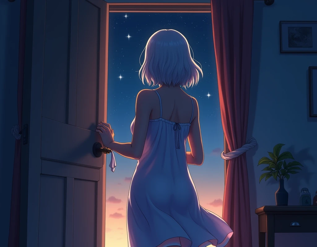 The scene where a house elder women turns her back and lock the door in the inside of room. Her back view of her wearing a nighty in the room. nighty with short slaves and open neck relax dress. The curtain should be closed the windows in the room and darkness should be depicted inside the night. The background should be bright and colorful, dynamic, anime art.