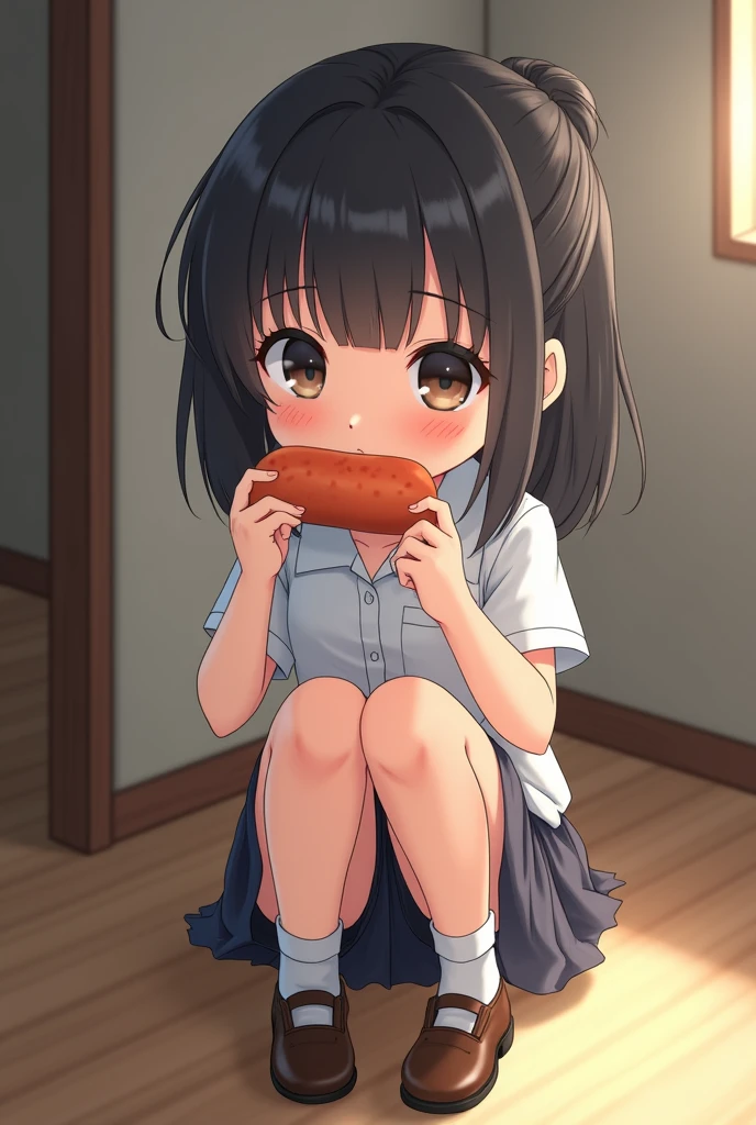Holding a sausage with one hand and facing towards the sausage, ready to eat, kneeling Japanese girl in elementary school realistic character