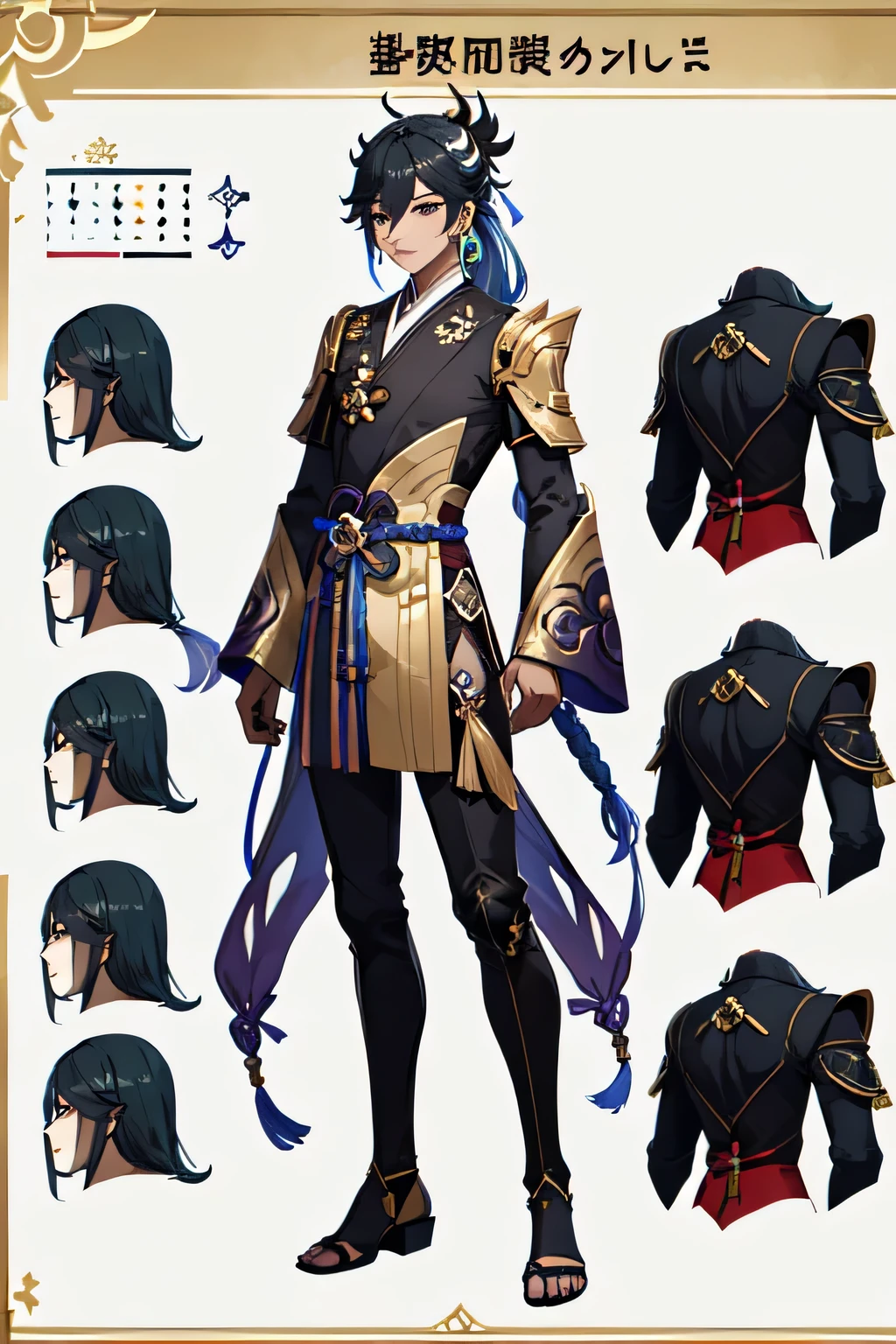 ((best quality)), ((masterpiece)), (detailed), boy man, Detailed face, genshin impact character design sheet，full body, Full of details, frontal body view, back body view, Highly detailed, Depth, Many parts, gray colored long hair man, dark skinned, black clothes with gold details, Genshin Impact, tall male, serious looking