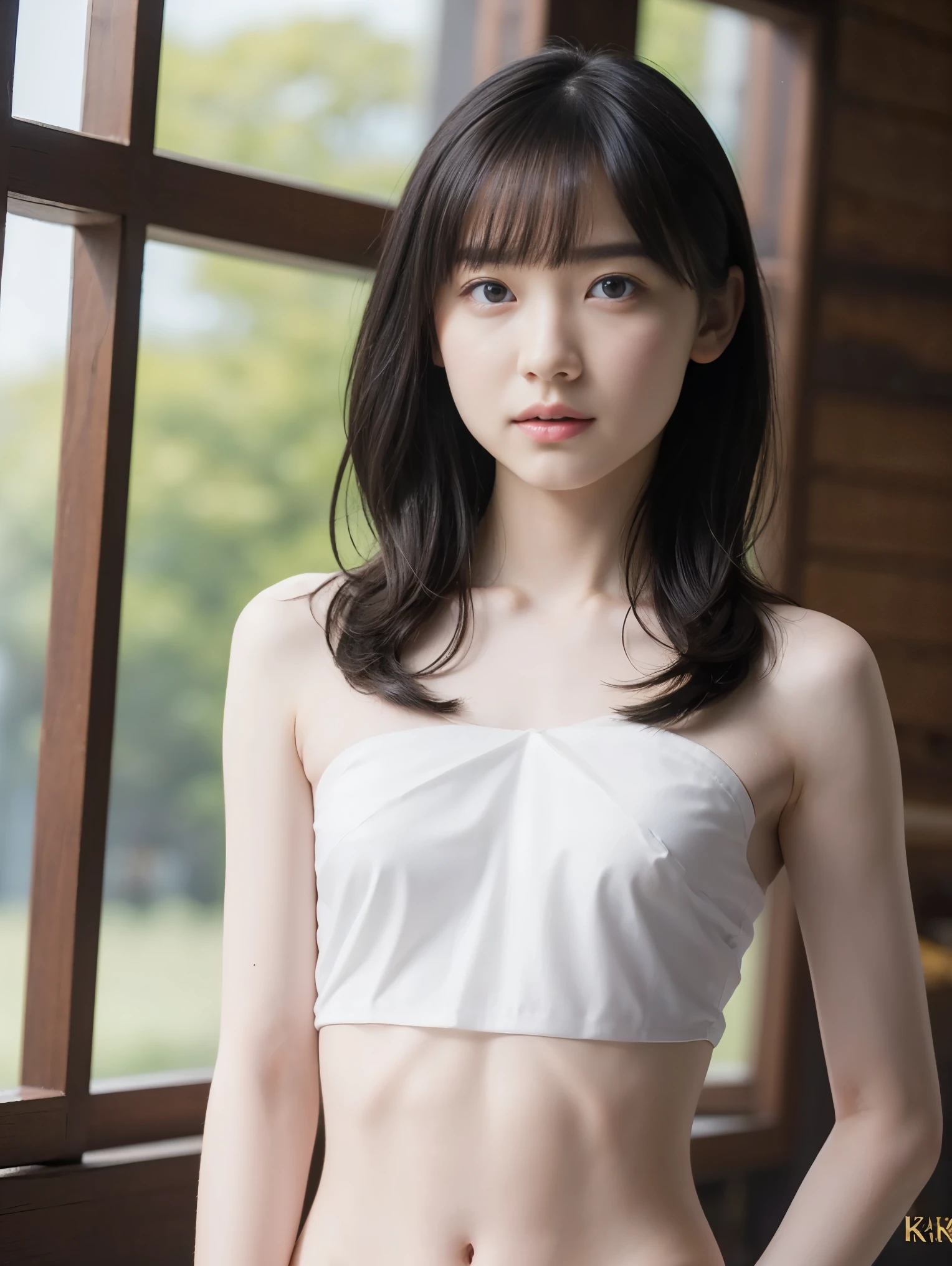 High resolution、High resolution、In 8K、RAW Photos、Highest quality、masterpiece、One age girl, (flat chest like a boy:1.2), ((Skinny body:1.2)), Wavy Hair, nude、Completely naked, Anatomically correct,bangs、Waist