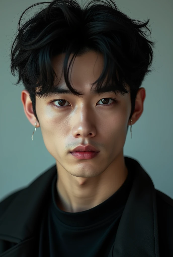 Young Asian man with intense gaze and hair style similar to Jungwon from the group Enhypen