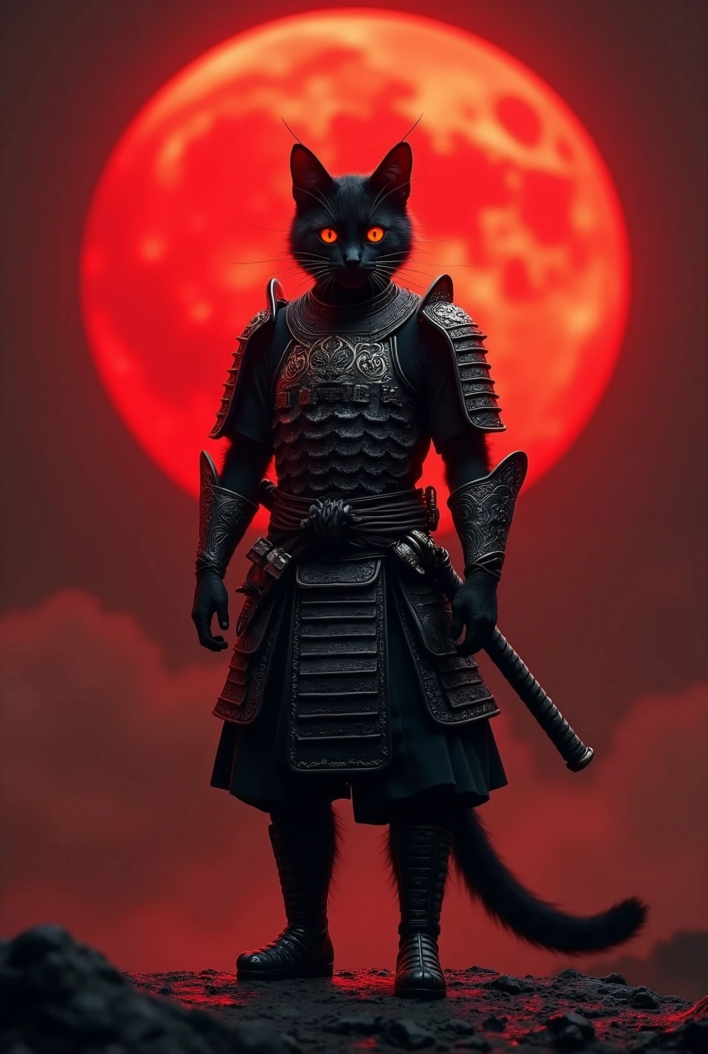 The image features a humanoid black cat with orange cat eyes in a black and red samurai warrior's attire, standing against a backdrop of a large red moon the sky is glowing a dark red glow from the reflection of the moon light. The cat is positioned to the left side of the frame, facing right with its head slightly tilted upwards. It is wearing a detailed armor that resembles traditional samurai armor, complete with intricate designs and patterns. The armor is primarily black with silver accents, adding to the visual depth. The cat's ears are perked up, and its eyes are focused on something in the distance. A sword is sheathed on the cat's back, suggesting readiness for battle or a ceremonial stance. The red moon in the background casts an orange hue over the scene, creating a dramatic and intense atmosphere, retina, accurate, masterpiece, super detail, high details, best quality, award winning, highres, HD, 4K, 8k, 16k, retina, accurate, masterpiece, anatomically correct, textured skin, super detail, high quality, award winning, highres, 8k, 16k
