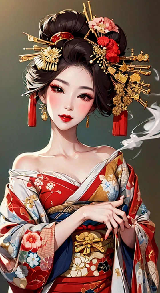 {{{{masterpiece}}}}, {{{Super detailed}}}, {{{High resolution}}}, {{Excellent ???????}}, (((highest quality))), ((Very delicate and beautiful)), {{Very detailed and delicate}}, {8k CG wallpaper}, {{figure}}, Hairpin:1.4, (One woman),Oiran,,A seductive gaze、Smoking a cigarette