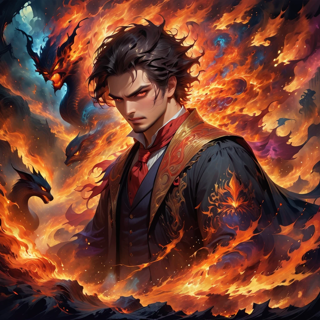 Many unique mysterious creature in a dark realm of underworld watching a bigger mysterious creature shinning around the realm and a strange light that wandered around him. Having a horrific (angry) expression and a dark fantasy background. Fighting against eachother. With a magician power, (fire),