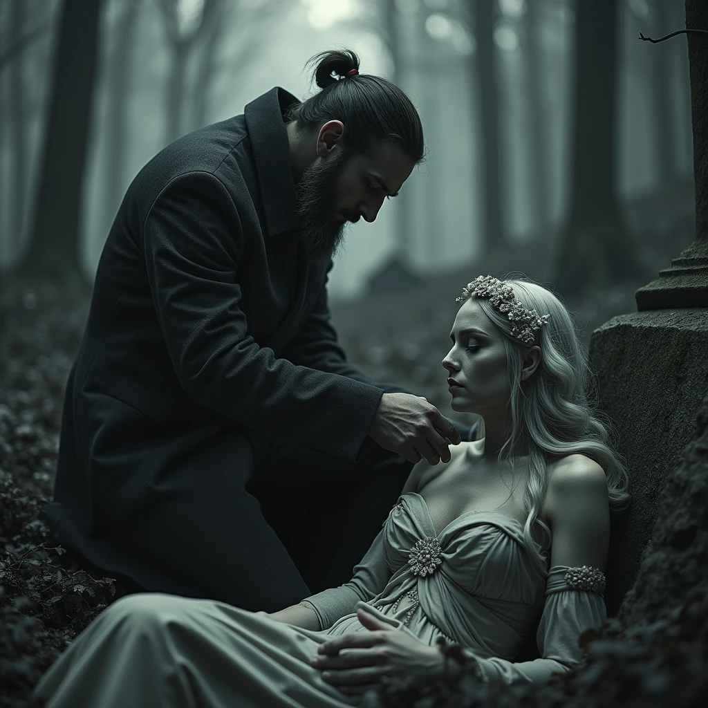 A Gothic man mourns his beloved at her grave